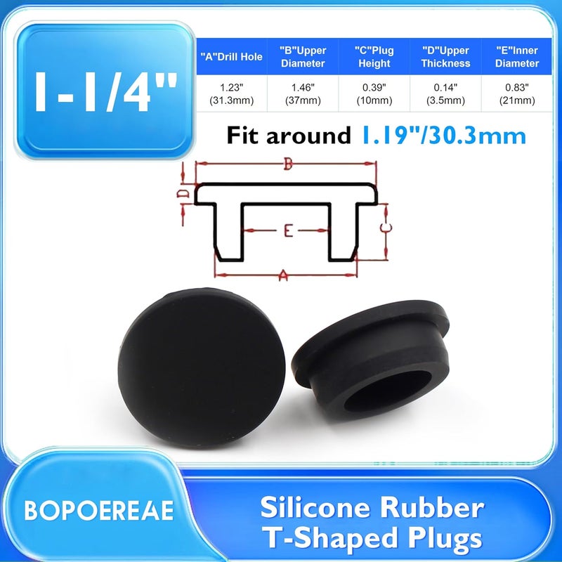 BOPOREAE 6 Pcs 31.3 mm Silicone Rubber Plug for 30.3-31.3 mm/ 1-3/16-1/1/4 in Round Holes, Waterproof T Type Rubber Stoppers, Soft Flexible Snap-On Seal Plugs Tube Pipe End Cover Caps Insert, Black - Image 2